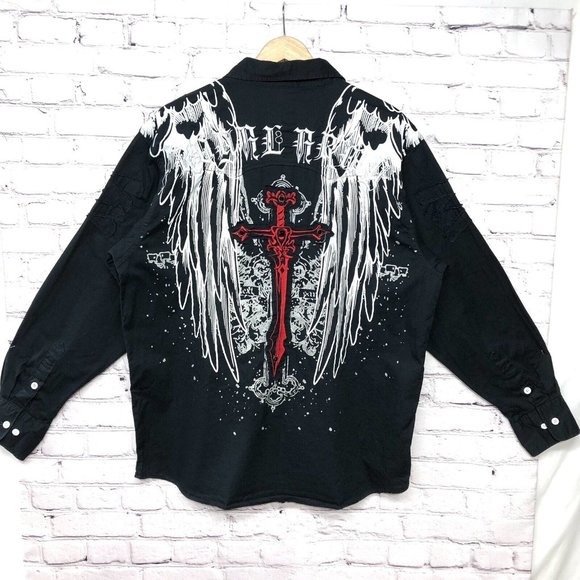 Royal Army Y2K Red Black Cross Wings Embroidered Bling Graphic Streetwear Sz 2X - Picture 5 of 14